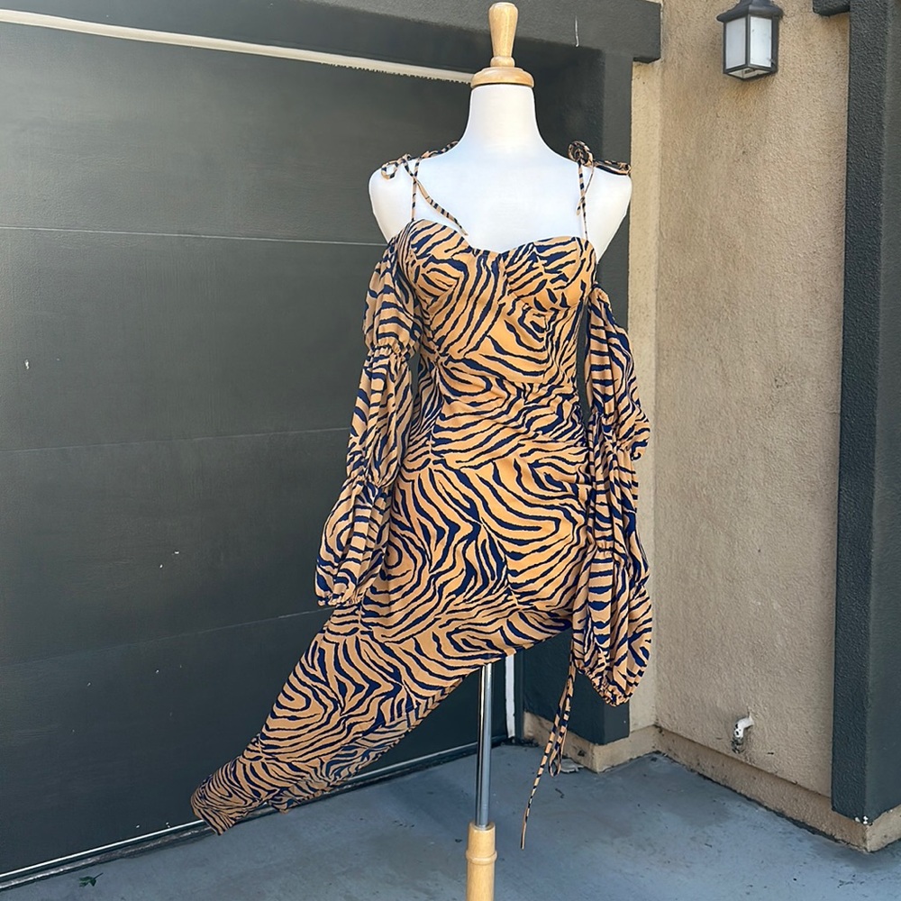 Orange tiger print asymmetrical dress with sleeves